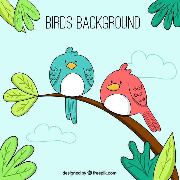 Fondo de adorables pájaros dibujados a mano en una rama