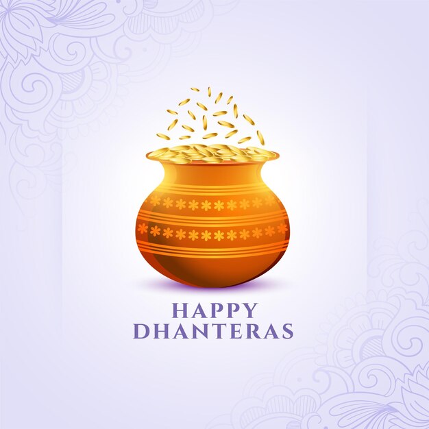 fondo de adoración alegre y feliz de dhanteras con vector de diseño de olla de moneda dorada