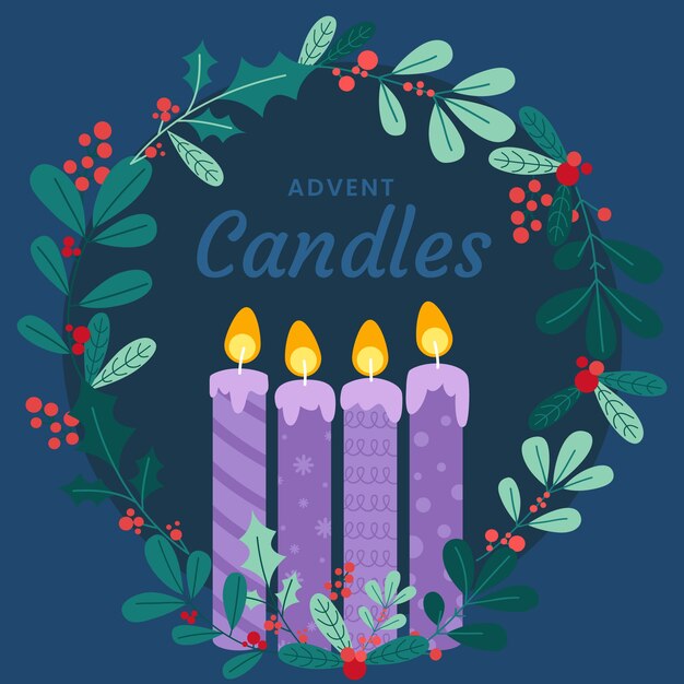 Fondo de adviento de velas moradas dibujadas a mano