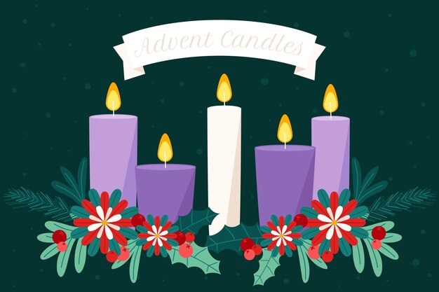Fondo de adviento de velas moradas dibujadas a mano