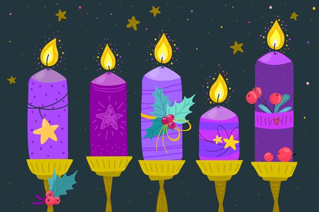 Fondo de adviento de velas moradas dibujadas a mano