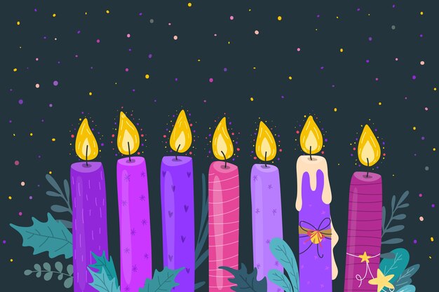Fondo de adviento de velas moradas dibujadas a mano