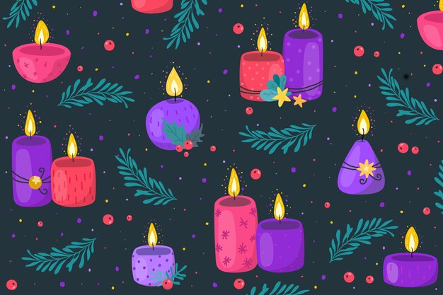 Fondo de adviento de velas moradas dibujadas a mano
