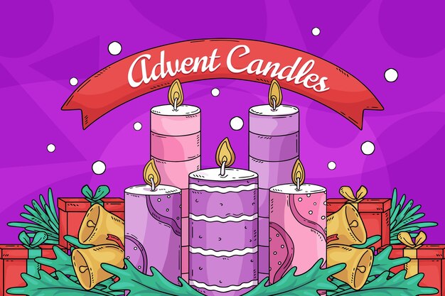 Fondo de adviento de velas moradas dibujadas a mano