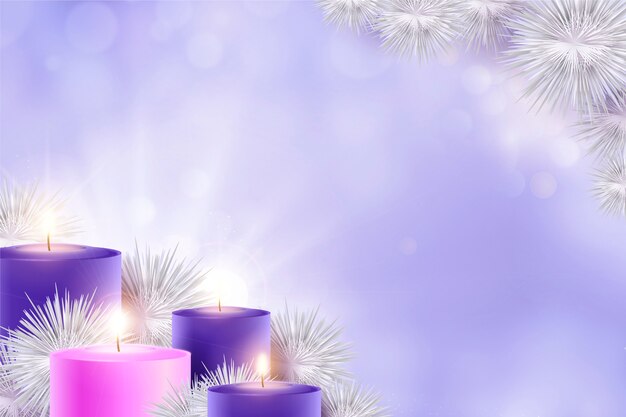 Fondo de adviento de velas púrpuras realistas