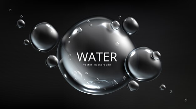 Fondo de agua, burbujas de aire sobre fondo negro con esferas de agua. Ahorre los recursos del planeta y el concepto de protección de la ecología con bolas o gotas de mercurio líquido, plantilla 3d realista para publicidad