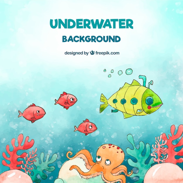 Vector gratuito fondo bajo el agua con caricaturas de animales acuáticos