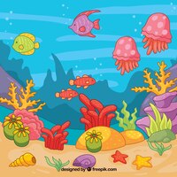 Vector gratis fondo bajo el agua con caricaturas de animales acuáticos