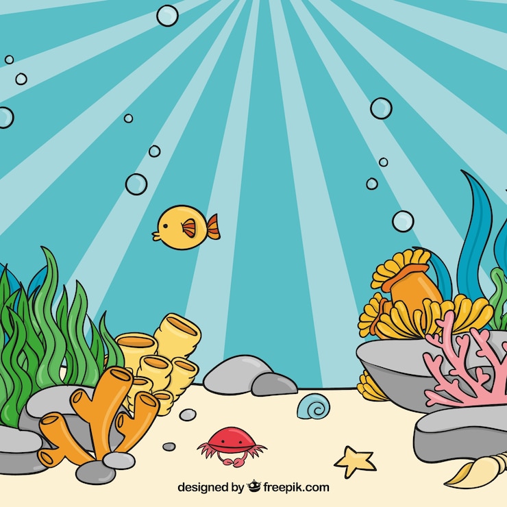 Vector gratuito fondo bajo el agua con caricaturas de animales acuáticos