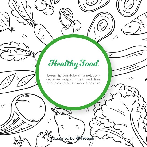 Fondo de alimentos saludables dibujados a mano