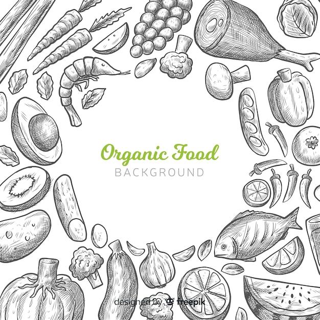 Fondo de alimentos saludables dibujados a mano