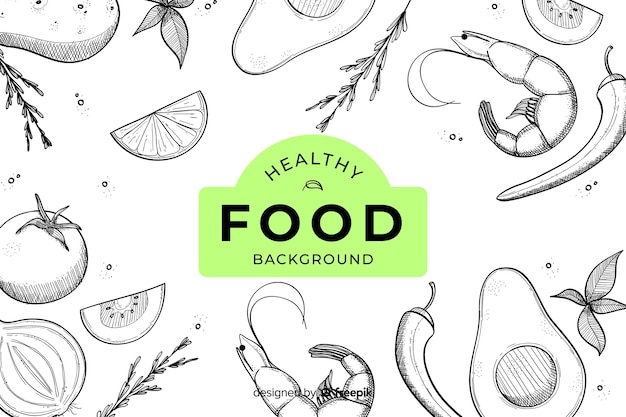 Fondo de alimentos saludables dibujados a mano