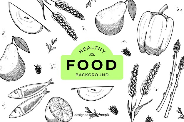 Fondo de alimentos saludables dibujados a mano