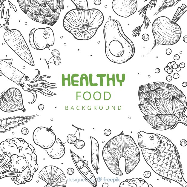 Fondo de alimentos saludables dibujados a mano