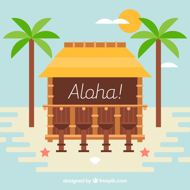 Fondo de aloha con cabaña y palmeras