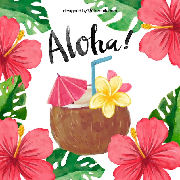 Fondo aloha con cocktail de coco en acuarela