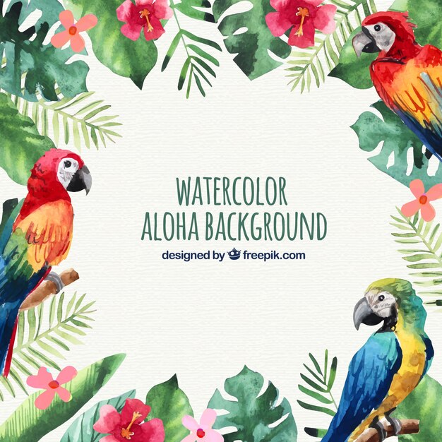 Fondo aloha con loros en acuarela