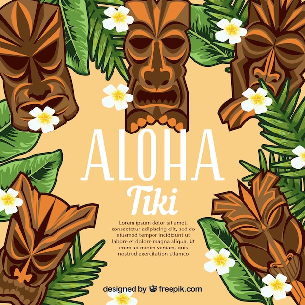 Vector gratuito fondo de aloha con máscaras tiki y hojas de palmeras