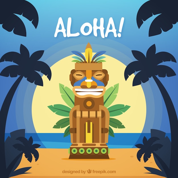 Fondo de aloha con tótem y palmeras