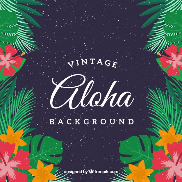 Fondo de aloha vintage con flores y hojas de palmeras 