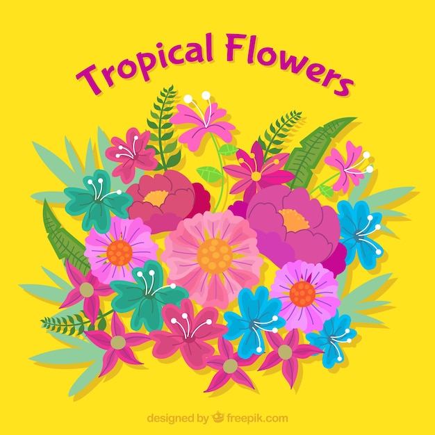 Vector gratuito fondo amarillo con flores tropicales