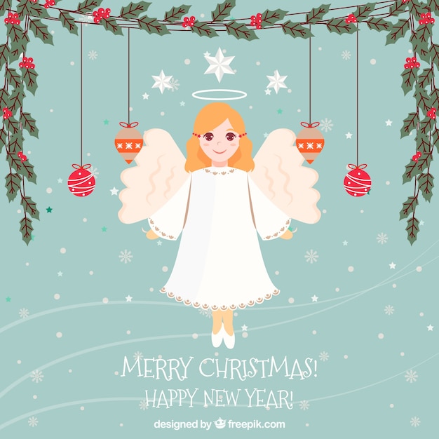 Vector gratuito fondo con un ángel de navidad y decoraciones navideñas