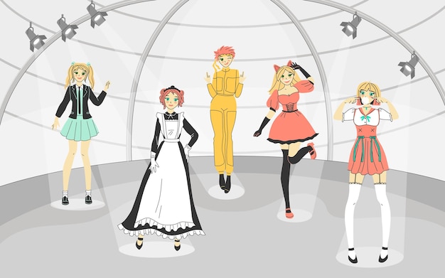 Fondo de anime cosplay con disfraces y símbolos de rendimiento ilustración vectorial plana