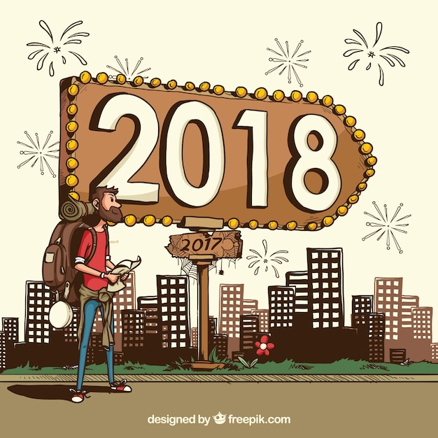 Fondo de año nuevo 2018 dibujado a mano