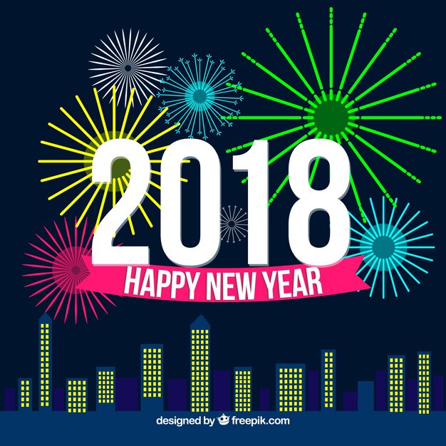 Fondo de año nuevo 2018 con fuegos artificiales en colores neón