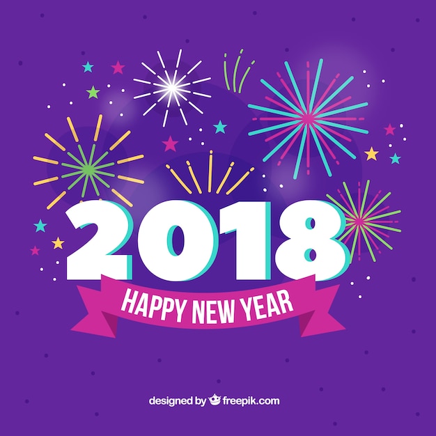 Fondo de año nuevo 2018 con fuegos artificiales en morado