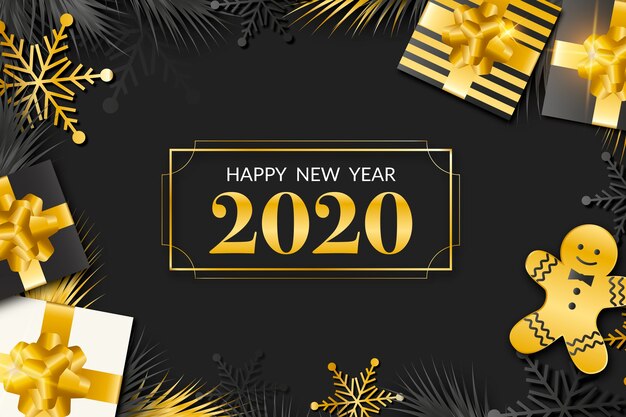 Fondo de año nuevo 2020 con decoración dorada realista