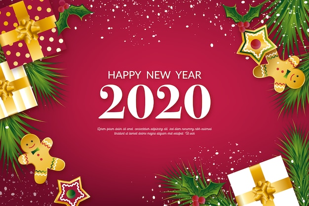 Fondo de año nuevo 2020 con decoración dorada realista