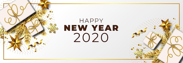 Fondo de año nuevo 2020 con decoración dorada realista