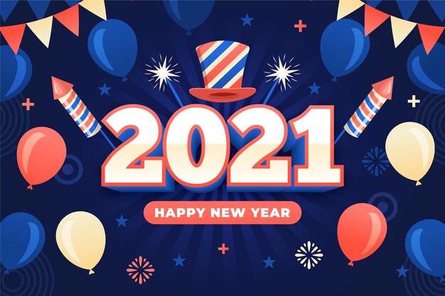 Fondo de año nuevo 2021 de diseño plano con globos