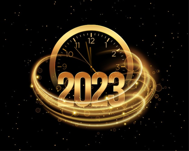 Fondo de año nuevo 2023 con reloj dorado y efecto de luz.