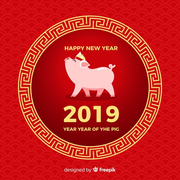 Fondo de año nuevo chino 2019 en diseño plano