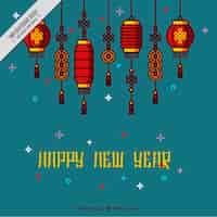 Vector gratuito fondo de año nuevo chino con faroles decorativos en diseño plano