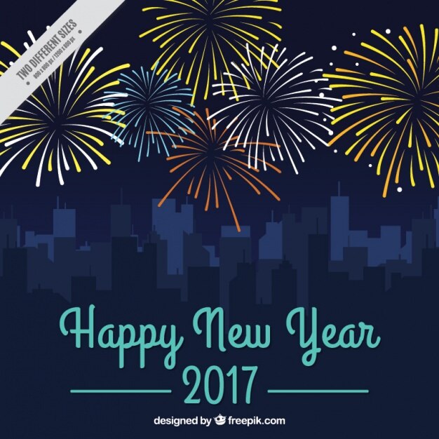 Fondo de año nuevo con fuegos artificiales y paisaje urbano