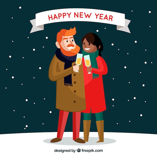 Vector gratuito fondo de año nuevo con pareja y nieve