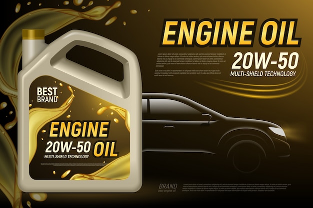 Vector gratuito fondo de anuncios de silueta de coche de aceite de motor realista con texto editable y composición de ilustración de imágenes de paquete de producto