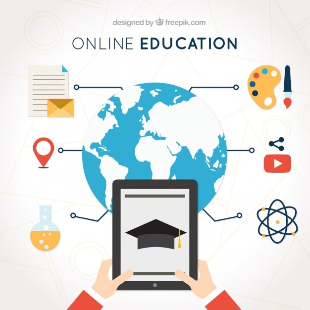 Fondo de aprendizaje digital con tableta y artículos educativos
