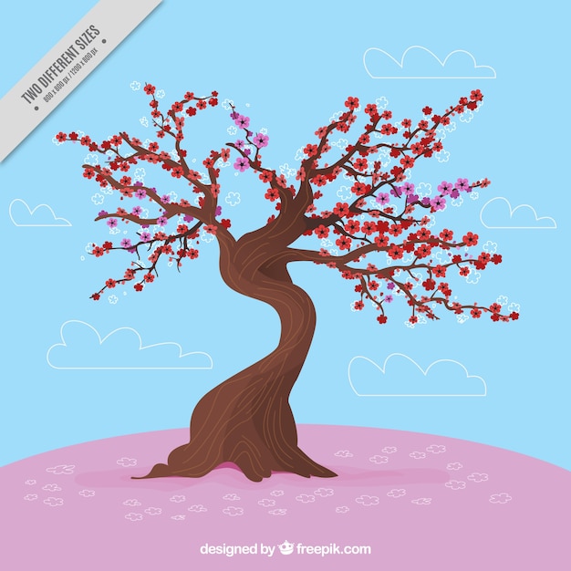 Vector gratuito fondo de árbol con flores rosas y rojas