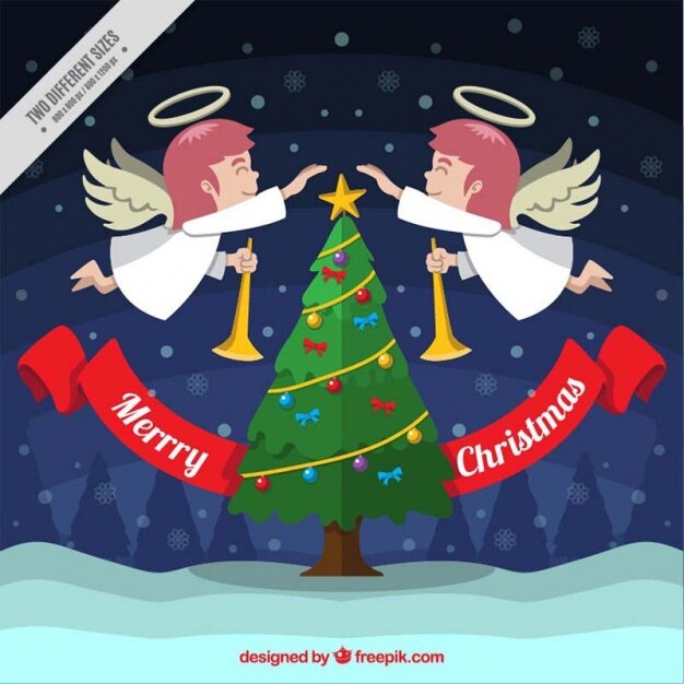 Fondo de árbol de navidad con ángeles en diseño plano 