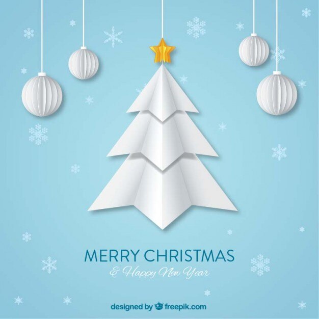 Fondo de árbol de navidad y bolas de origami