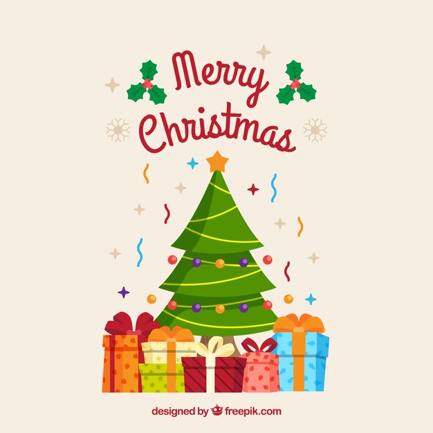 Fondo de árbol de navidad con cajas de regalo 