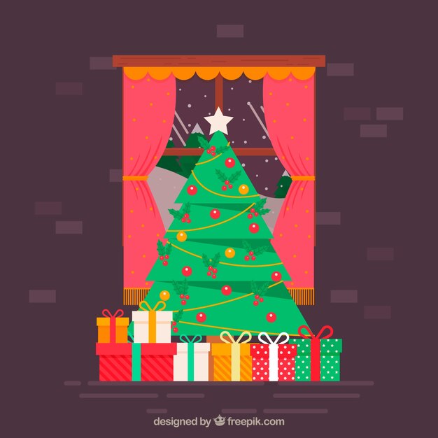 Vector gratuito fondo de árbol de navidad con regalos en diseño plano