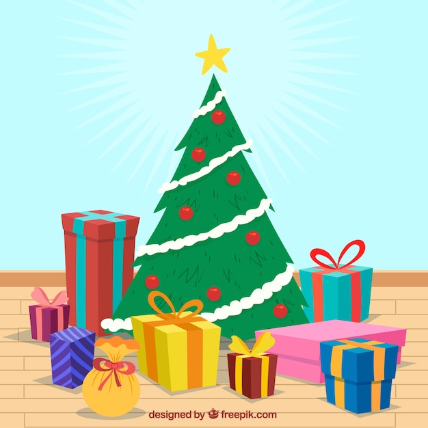 Vector gratuito fondo de árbol de navidad con regalos