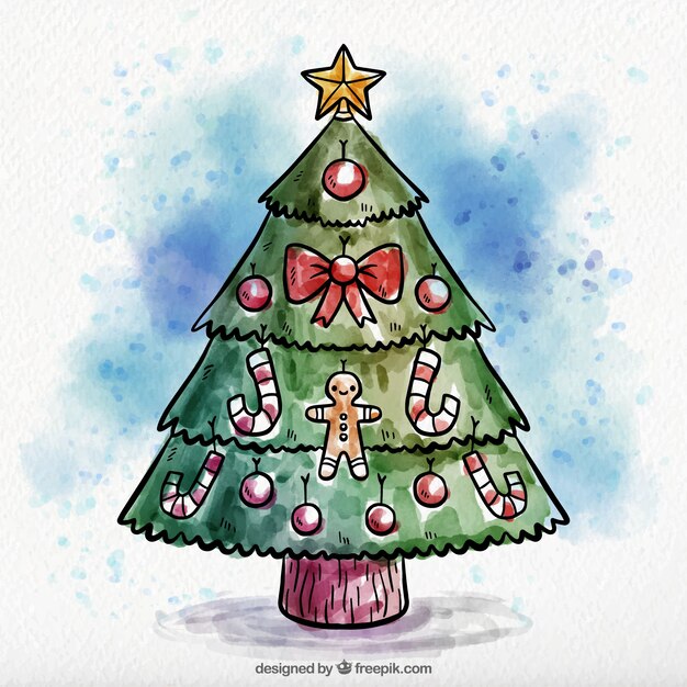 Fondo de árbol navideño de acuarela dibujado a mano 