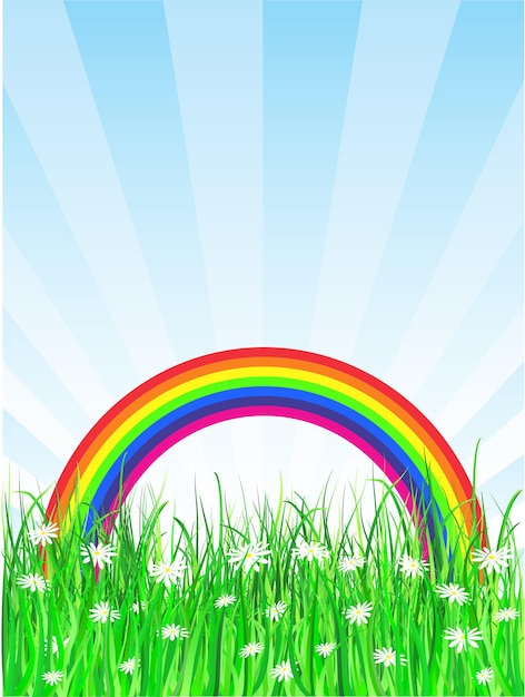 Fondo de arco iris con margaritas en pasto