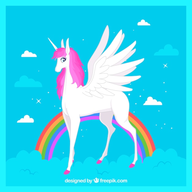 Vector gratuito fondo de arcoiris de elegante unicornio con alas